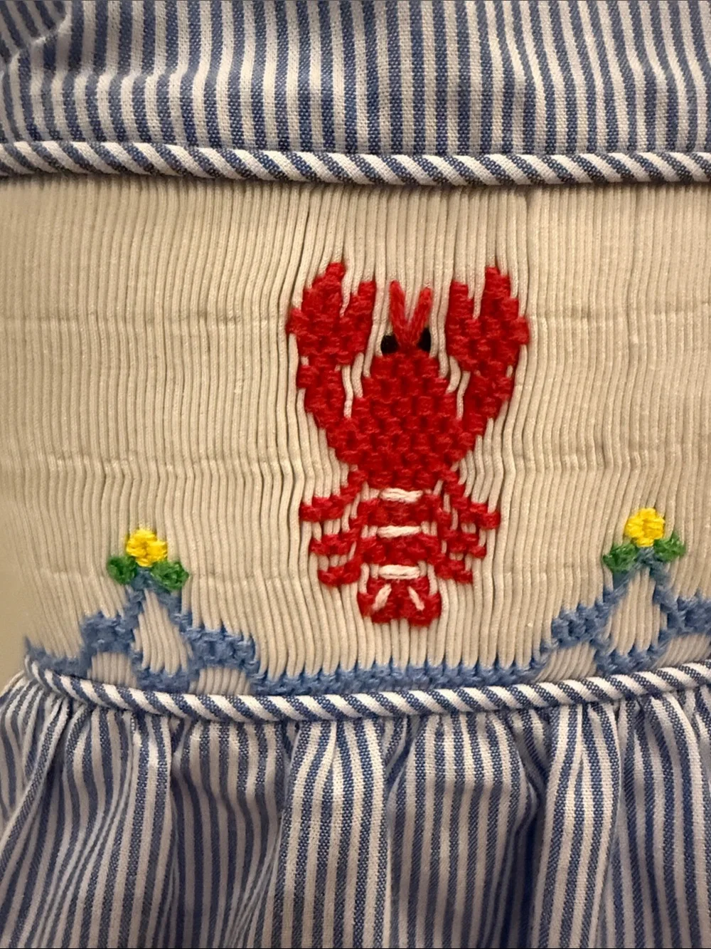 Remember Nguyen Blue & White Pinstripe Lobster Nautical Smocked Dress